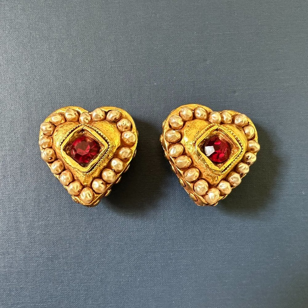 Gold Heart Earrings with Red Gemstone